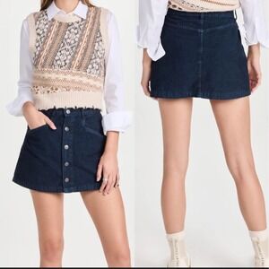 Free People Ray‎ Corduroy Mini Skirt Navy Blue Button Front Size 10 Y2K Indie